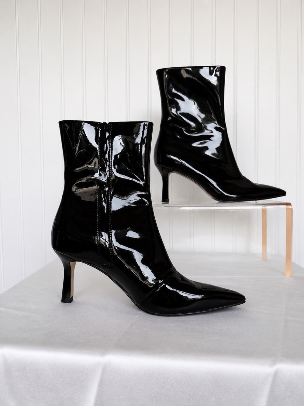 & Other Stories Black Patent Leather Pointed Toe Kitten Heel Ankle Boots EU 38 U